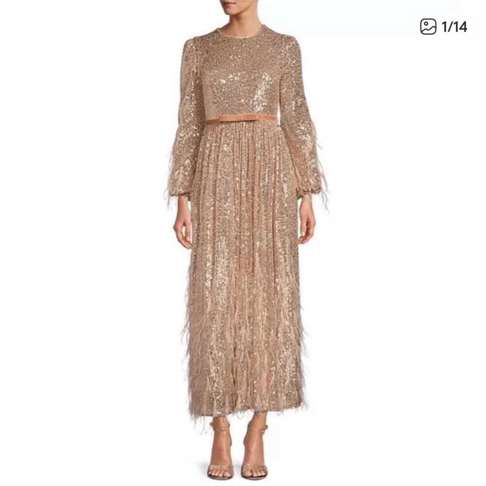 ANTONIO MELANI x Nicola Bathie Rose Gold Sequin Maxi Dress Feather Formal Size 8